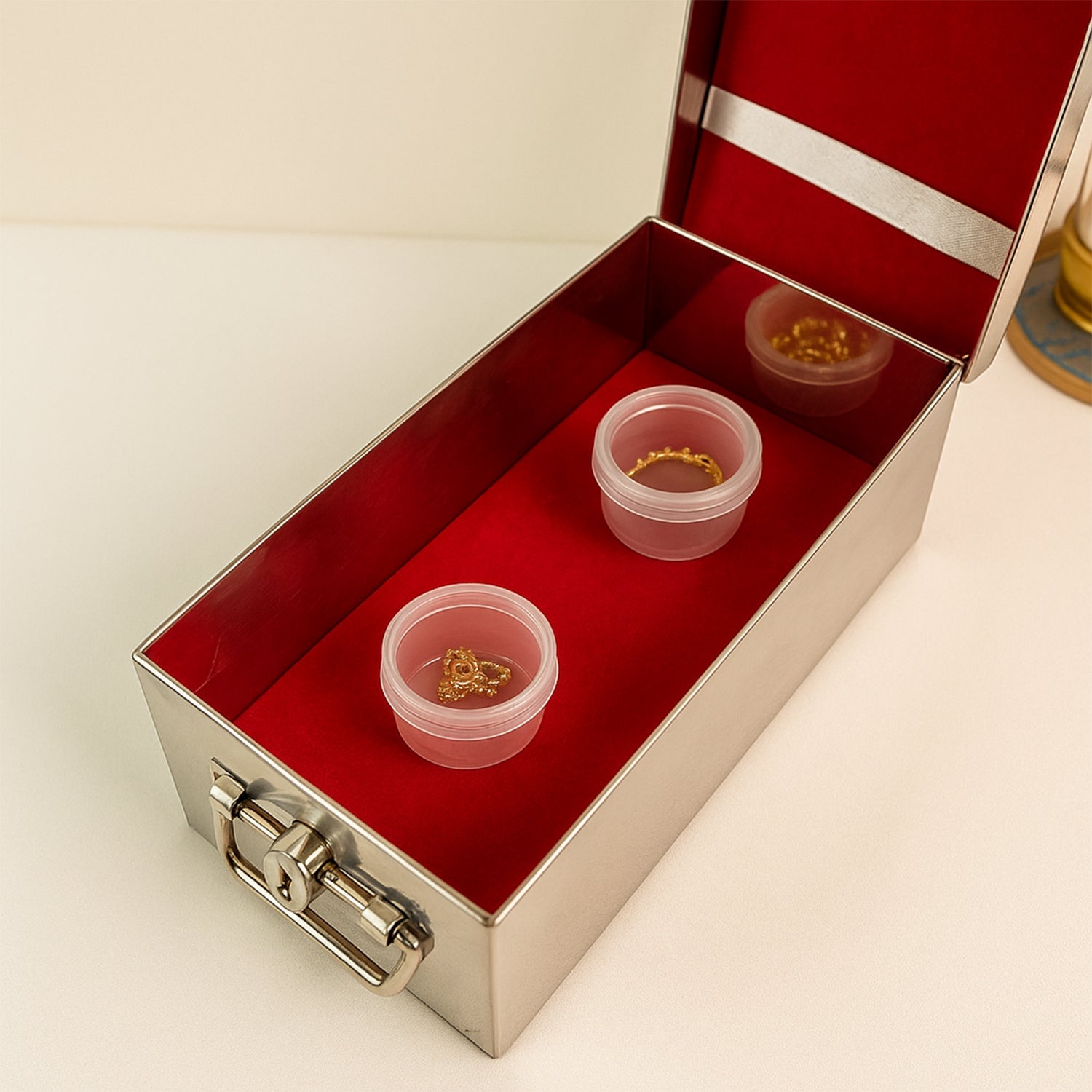 Premium Stainless Steel Velvet Lined Jewellery Storage Box with Lock and Red Interior Premium Stainless Steel Velvet Lined Jewellery Storage Box with Lock and Red Interior